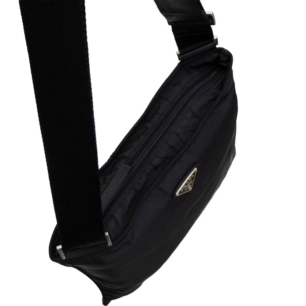 Prada Vintage Black Vela Nylon Small Flat Messenger Bag Adjustable Strap